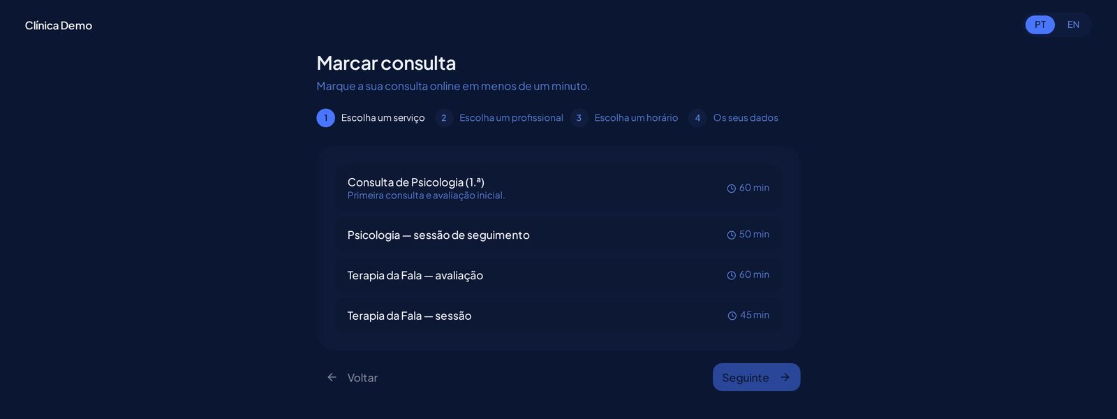 Página de marcação online do Farol: escolher serviço, profissional e horário